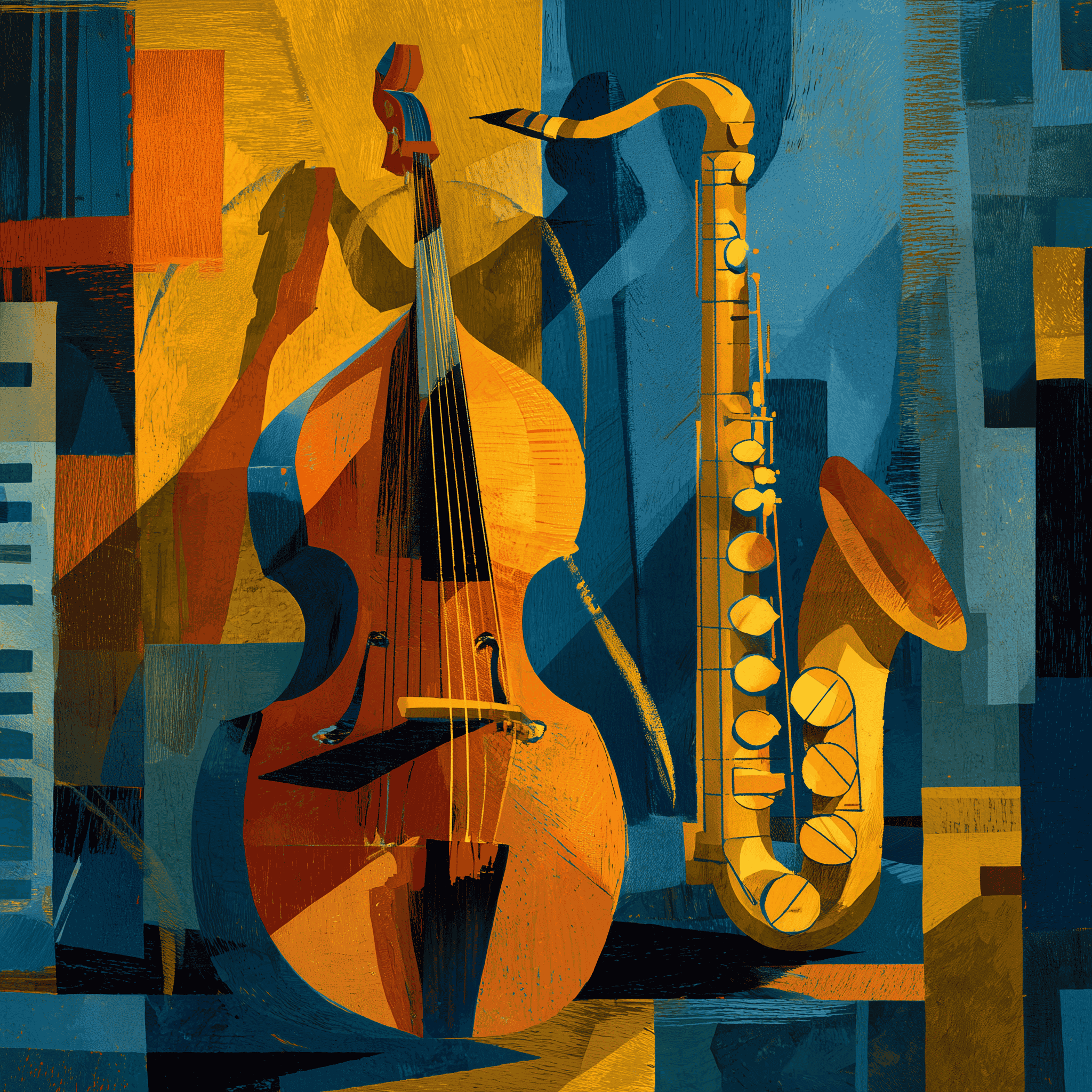 Dynamic illustration of various musical instruments from different eras converging into a vibrant sound wave